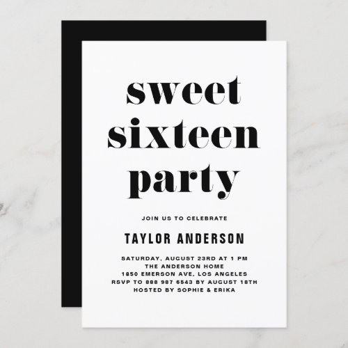 Black Retro Bold Typography Sweet 16 Birthday Invitation