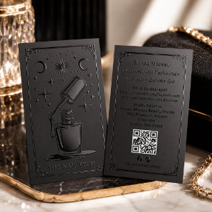 Black Retro Celestial Tarot Nail artist QR Raised Spot UV Business Card