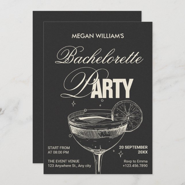 Black retro cocktail bachelorette party invitation (Front/Back)
