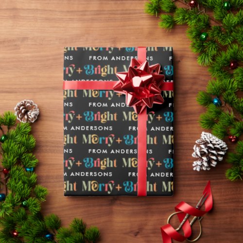 Black Retro Colorful Merry  Bright Name Christmas Wrapping Paper