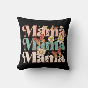 Black Retro Floral Butterfly Mama Typography Throw Pillow