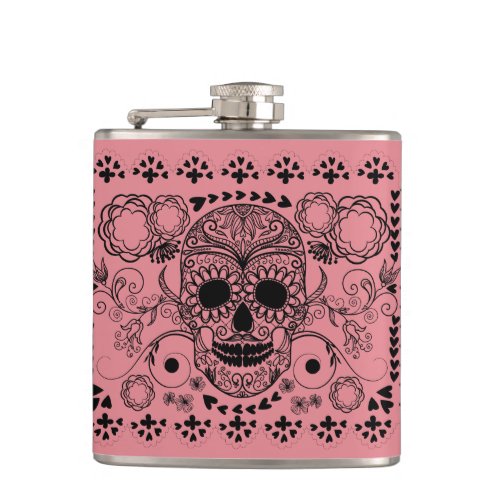 Black Retro Floral Sugar Skull Green Accents Hip Flask