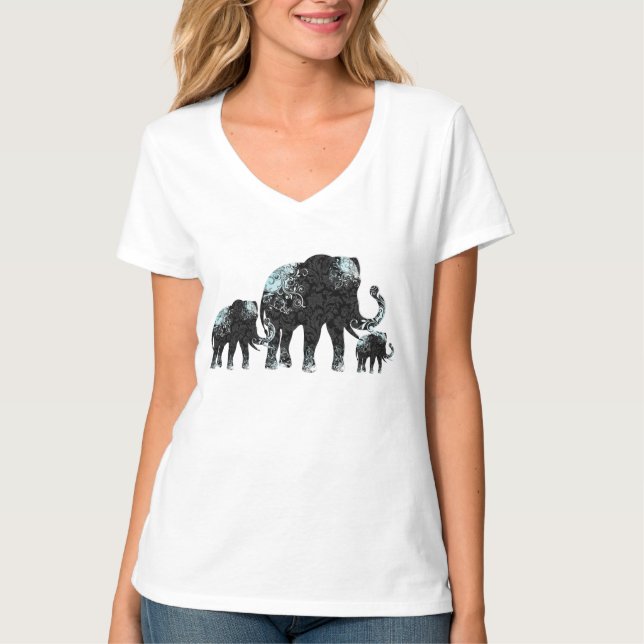 Black Retro Flowers Elephant Family T-Shirt (Front)