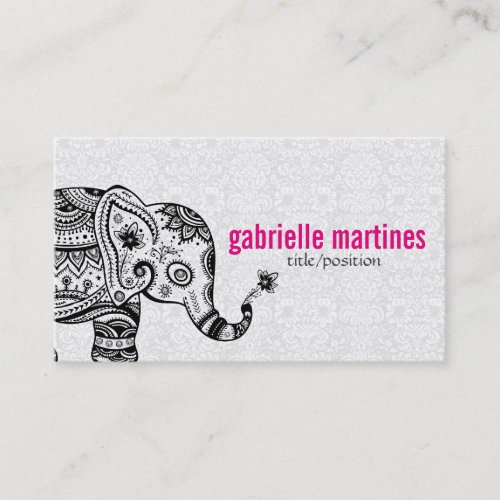 Black Retro Flowers  Elephant White Diamonds Business Card