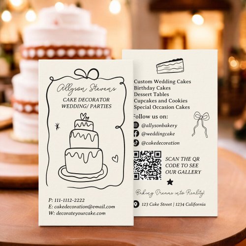 Black Retro French Scribble cake decorator qr code Business Card