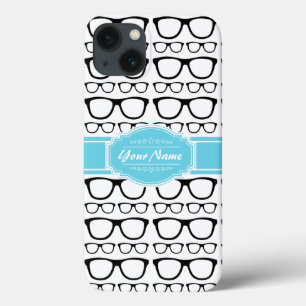 Black Retro Geek Glasses Aqua Personalized Name iPhone 13 Case