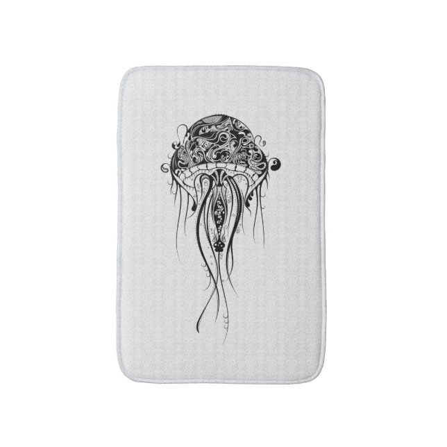 Black Retro Jellyfish Over White Background Bath Mat (Front Vertical)