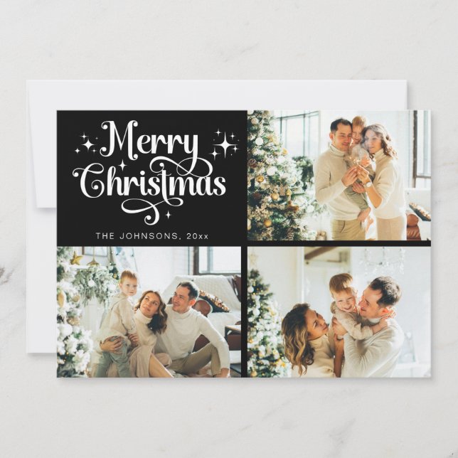 Black Retro Merry Christmas Family Photo Collage Holiday Card (Front)