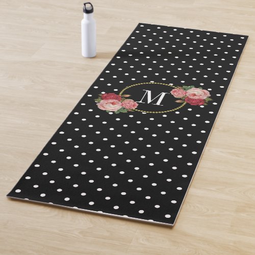 Black Retro Polka Dots Vintage Floral Monogram Yoga Mat