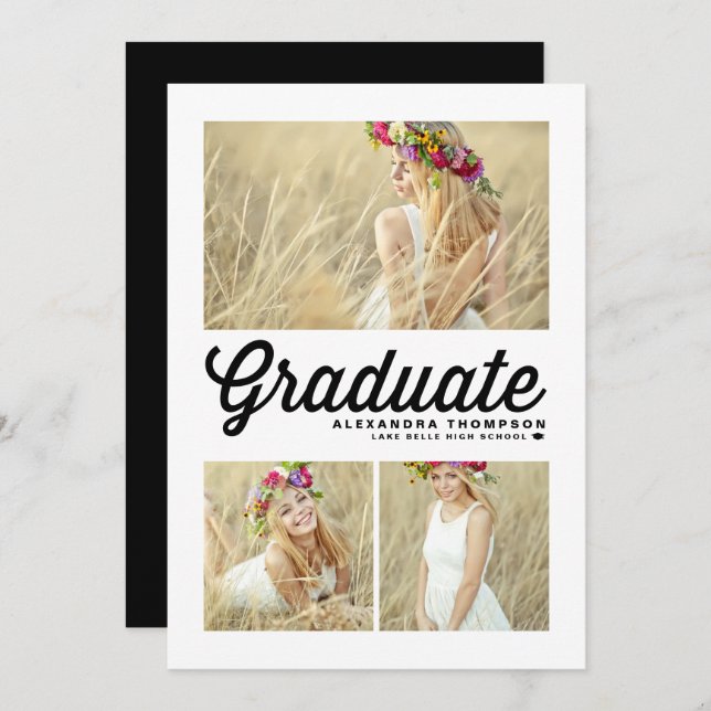 Black Retro Script Three Photo Graduation Invitation (Front/Back)