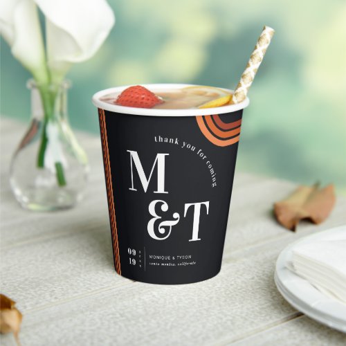 Black  Retro Seventies Stripes  Wedding Monogram Paper Cups