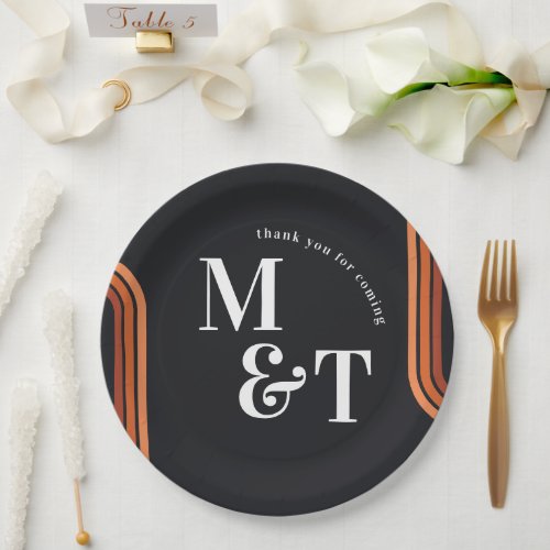 Black  Retro Seventies Stripes  Wedding Monogram Paper Plates