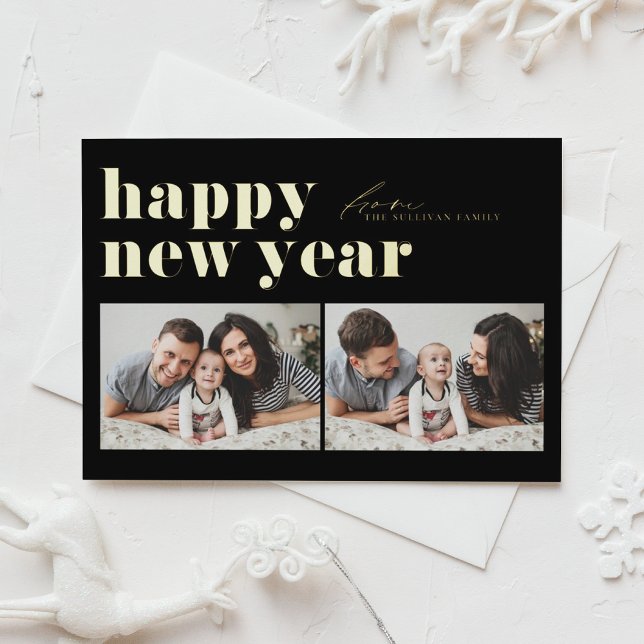Black Retro Typography Happy New Year Two Photo Foil Holiday Card (Creator Uploaded)