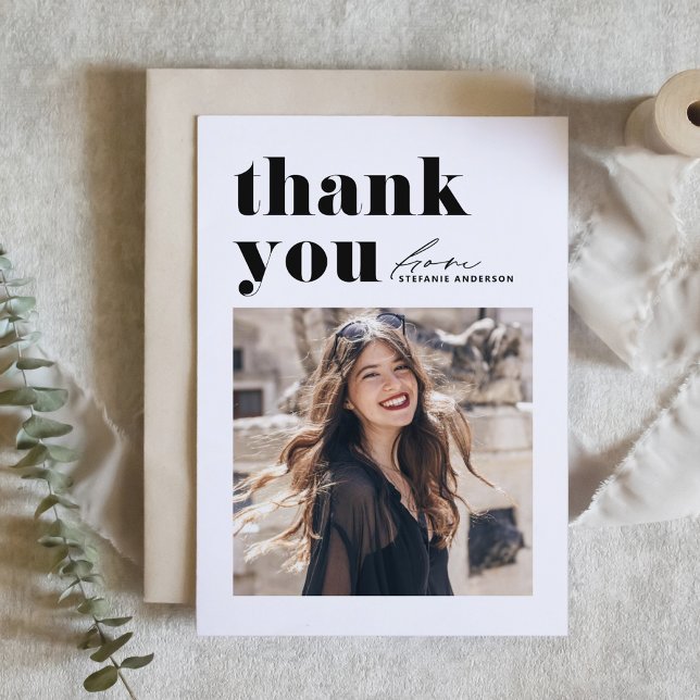 Black Retro Typography Modern Photo Graduation Thank You Card (Creator Uploaded)