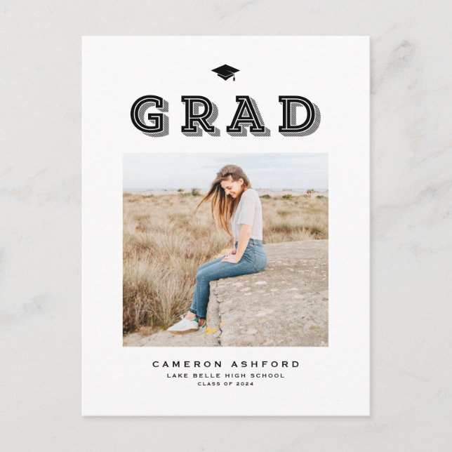 Black Retro Typography Photo Graduation Announcement Postcard (Front)