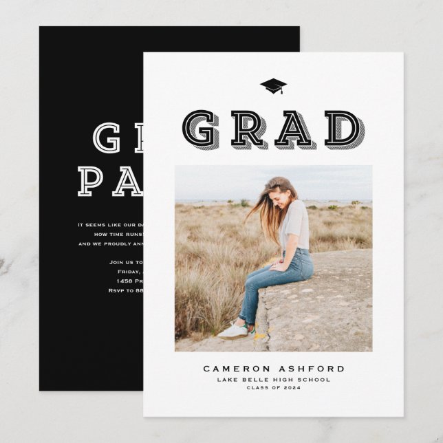 Black Retro Typography Photo Graduation Invitation (Front/Back)