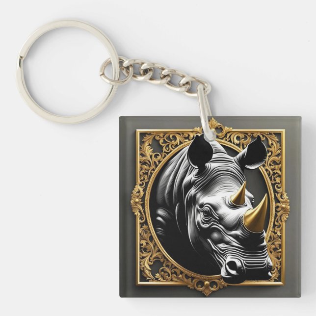 Black rhino gold ornamental frame keychain (Front)