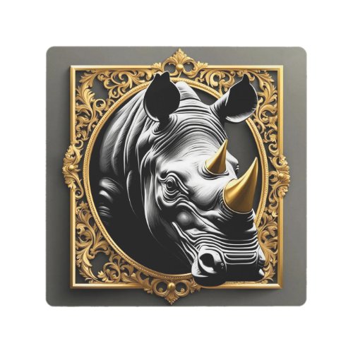 Black rhino gold ornamental frame metal print