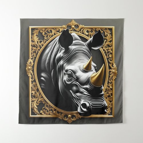 Black rhino gold ornamental frame tapestry