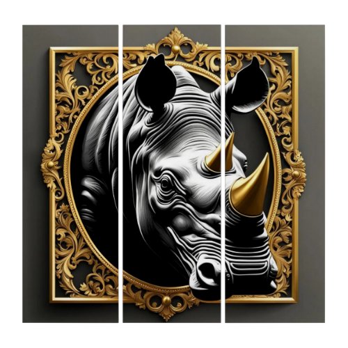 Black rhino gold ornamental frame triptych