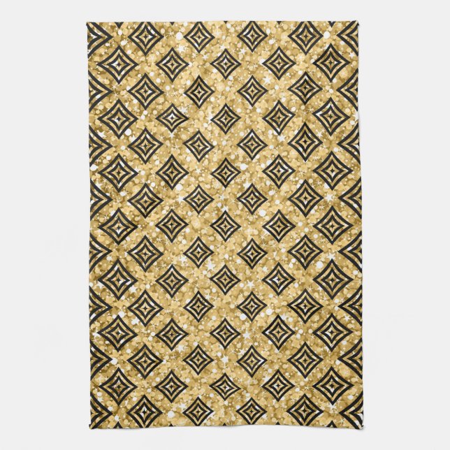 Black Rhomboid Pattern Gold Glitter Kitchen Towel (Vertical)