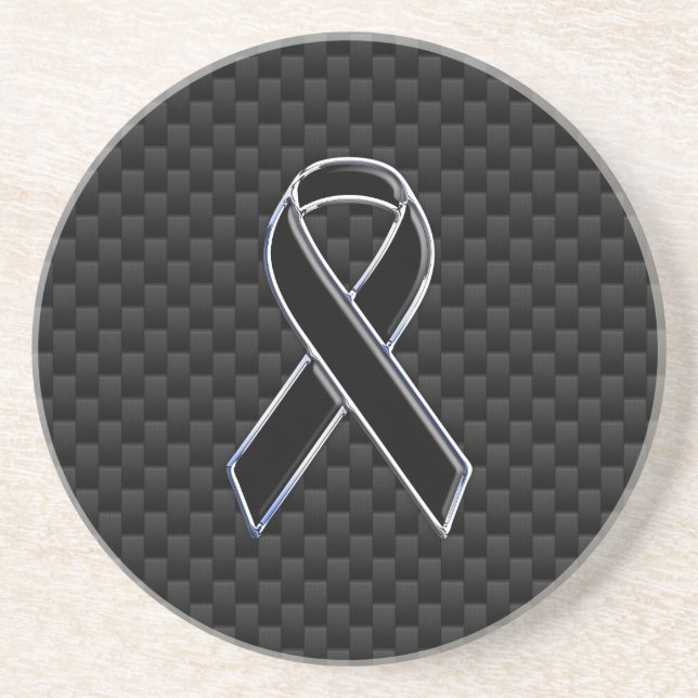 Black Ribbon Awareness Carbon Fiber Decor Coaster (Front)