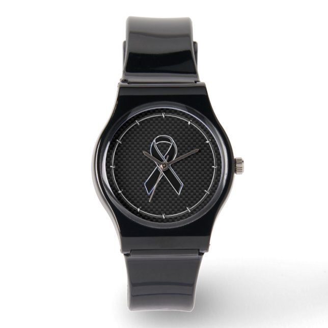 Black Ribbon Awareness Carbon Fiber Decor Watch (Front)