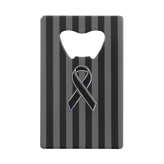 Black Ribbon Awareness on Vertical Stripes Credit Card Bottle Opener (Front)