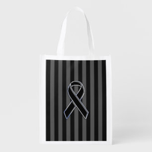 Black Ribbon Awareness on Vertical Stripes Grocery Bag