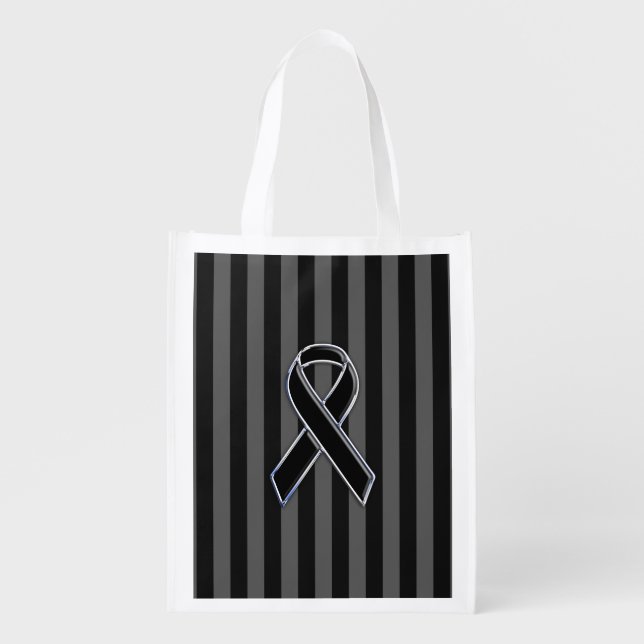 Black Ribbon Awareness on Vertical Stripes Grocery Bag (Front)