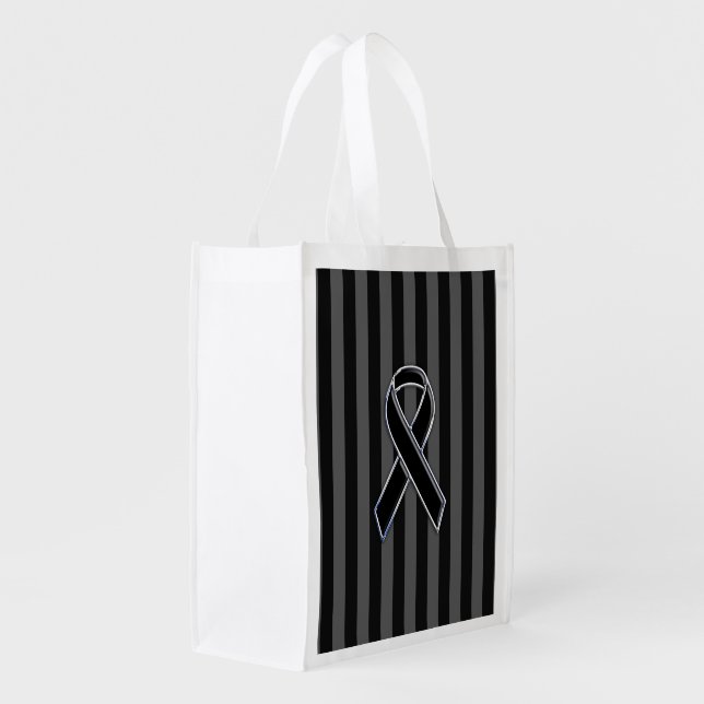 Black Ribbon Awareness on Vertical Stripes Grocery Bag (Back Side)
