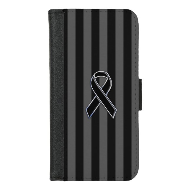 Black Ribbon Awareness on Vertical Stripes iPhone Wallet Case (Front)