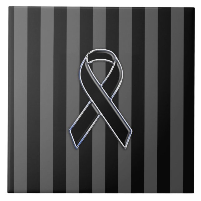 Black Ribbon Awareness Stripes Ceramic Tile (Front)