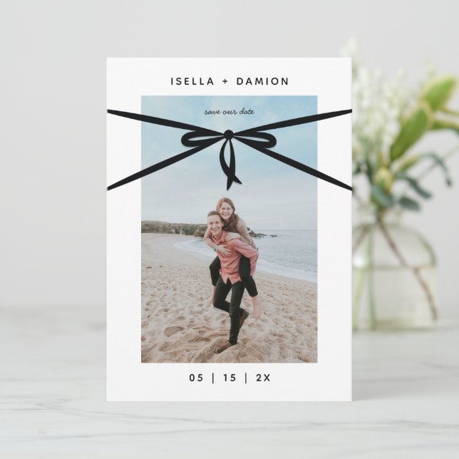 BLACK RIBBON & BOW SAVE THE DATE INVITATION (Standing Front)