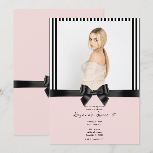 Black Ribbon Bow Stripes Blush Pink Photo Sweet 16 Invitation (Front/Back)