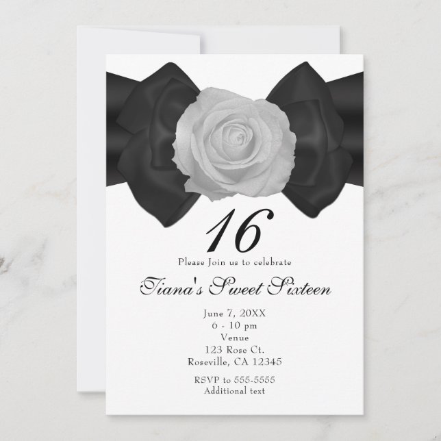Black Ribbon Bow & White Rose Elegant Invitations (Front)