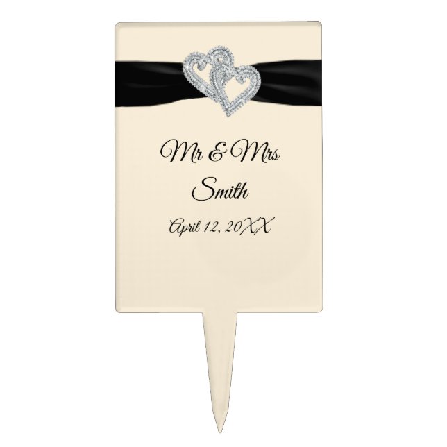 Black Ribbon Diamond Hearts Wedding Cake Topper (Front)