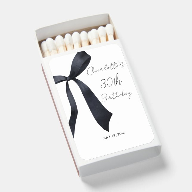 Black Ribbon Elegant 30th Birthday Matchboxes (Front Open)