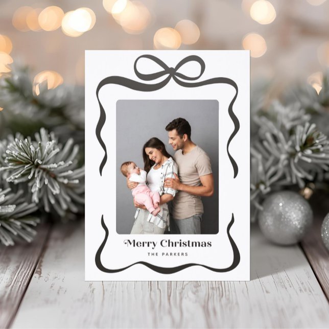 Black Ribbon Gift Bow Merry Christmas Photo Letterpress Photo Cards (Creator Uploaded)