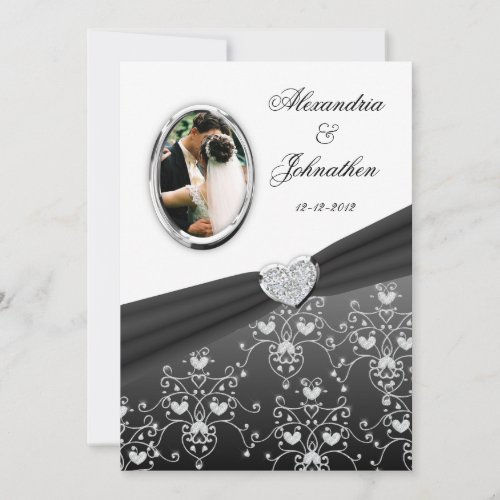 Black Ribbon Heart Damask Wedding Photo Invitation