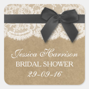 Black Ribbon On Kraft & Lace Bridal Shower Square Sticker