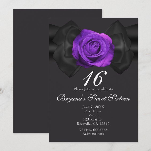 Black Ribbon & Purple Rose ANY COLOR Invitations (Front/Back)