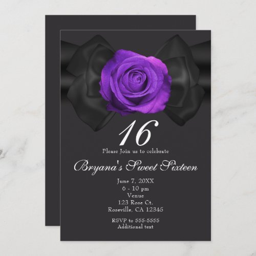 Black Ribbon  Purple Rose ANY COLOR Invitations