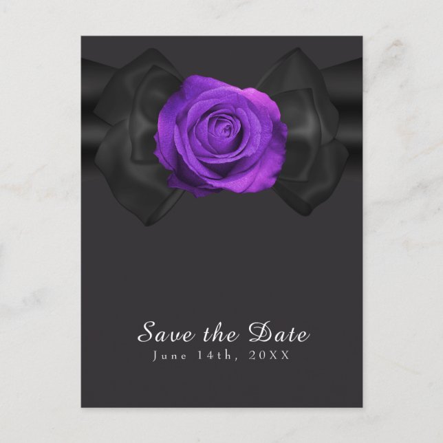Black Ribbon & Purple Rose Save the Date ANY COLOR Announcement Postcard (Front)