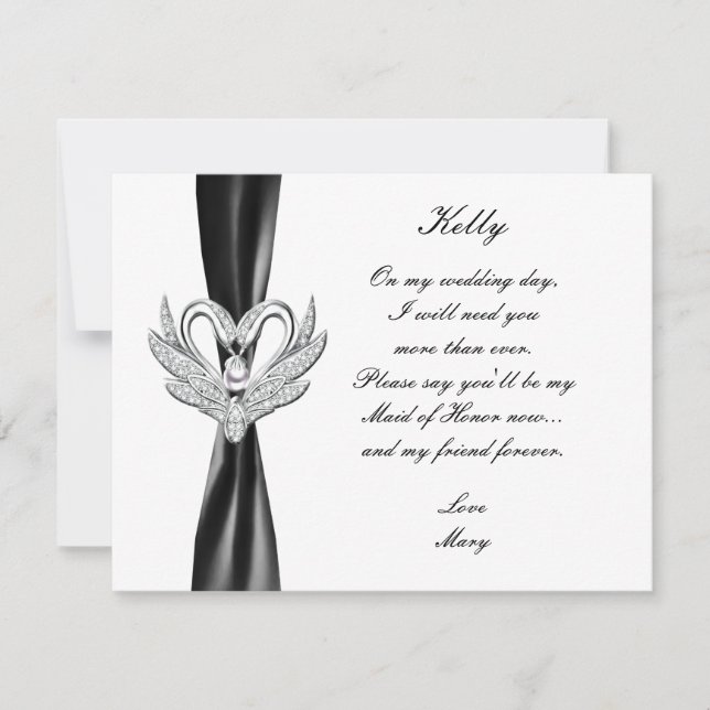 Black Ribbon Silver Swans Maid Of Honor Card (Front)