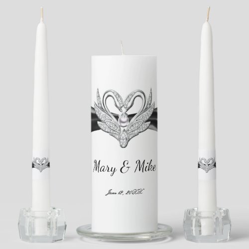 Black Ribbon Silver Swans Wedding Unity Candle Set