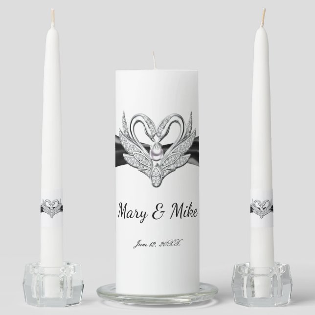 Black Ribbon Silver Swans Wedding Unity Candle Set (Front)