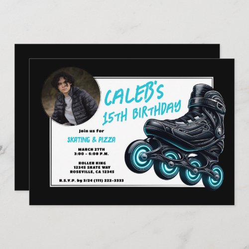 Black Rollerblades Blue Glow Wheels Birthday Party Invitation
