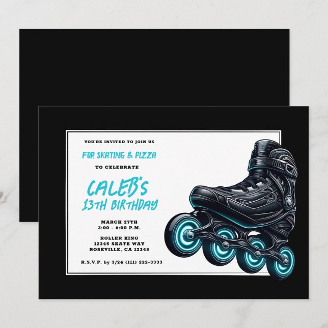 Black Rollerblades Blue Glow Wheels Birthday Party Invitation (Front/Back)