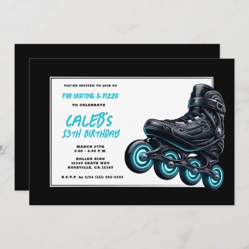 Black Rollerblades Blue Glow Wheels Birthday Party Invitation